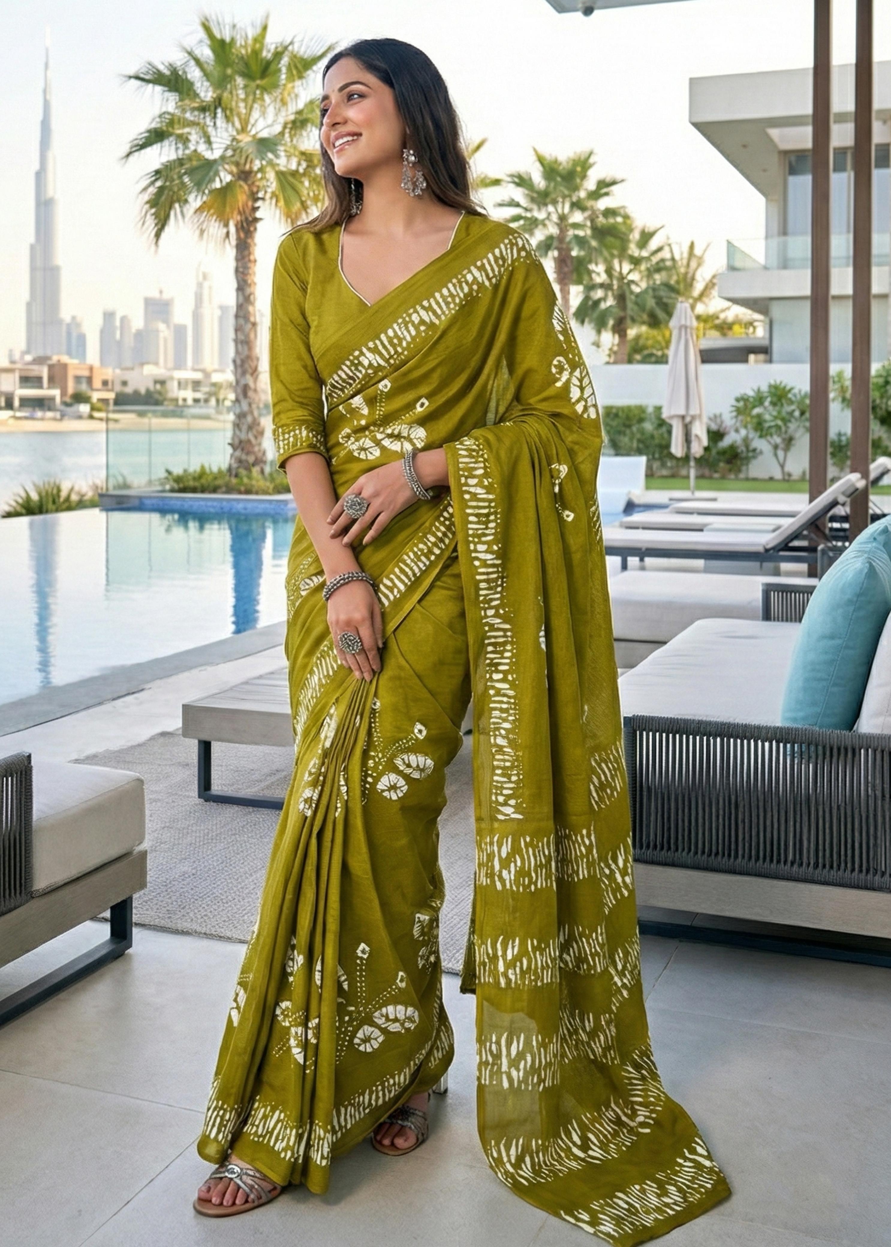 Olive Soft Pure Cotton Bagru Printed Cotton Saree