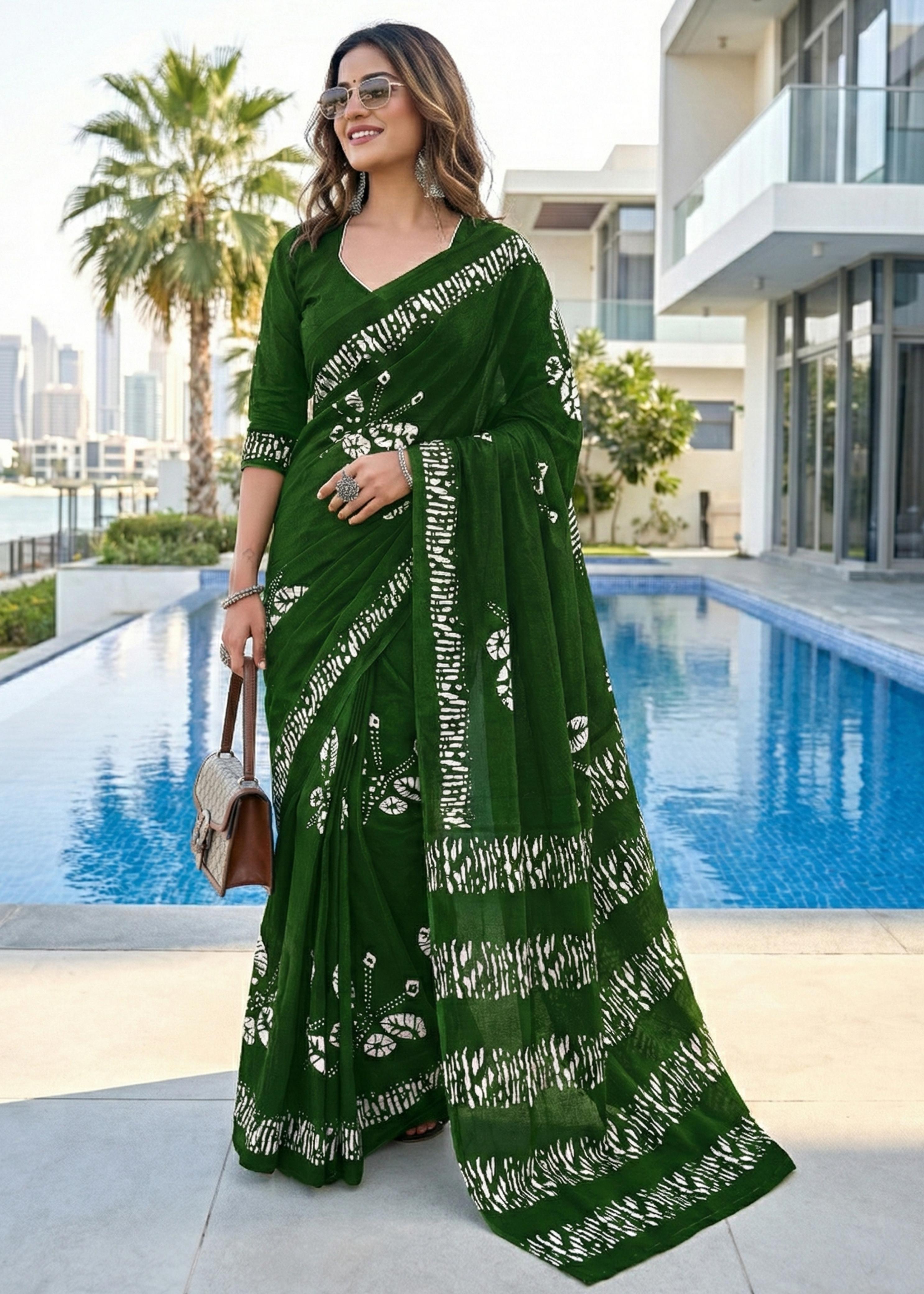 Green Soft Pure Cotton Bagru Printed Cotton Saree