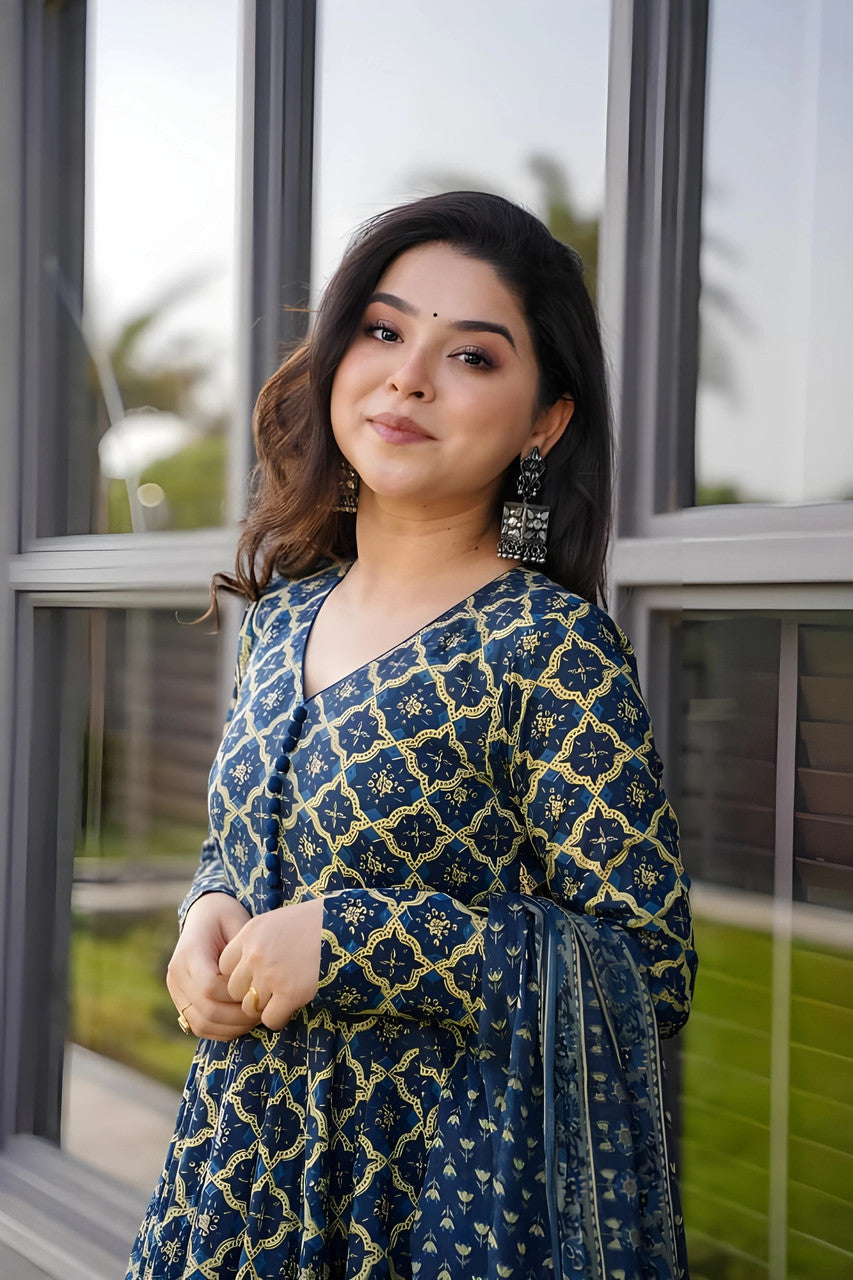 Navy Blue Pure Soft Rayon Print Salwar Suit 