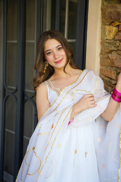 White Pure Soft Organza Silk Kurti Pent With Dupatta Set 