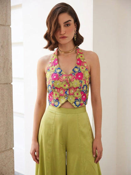 Green Pure Soft Silk Readymade Waistcoat &amp; Palazzo 