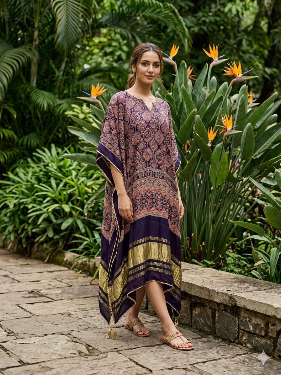 Navy Blue Pure Hend Block Print Gajji Silk Multi Color Ajrakh Printed Kaftan 