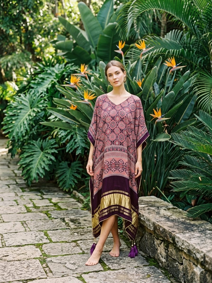 Black Pure Hend Block Print Gajji Silk Multi Color Ajrakh Printed Kaftan 