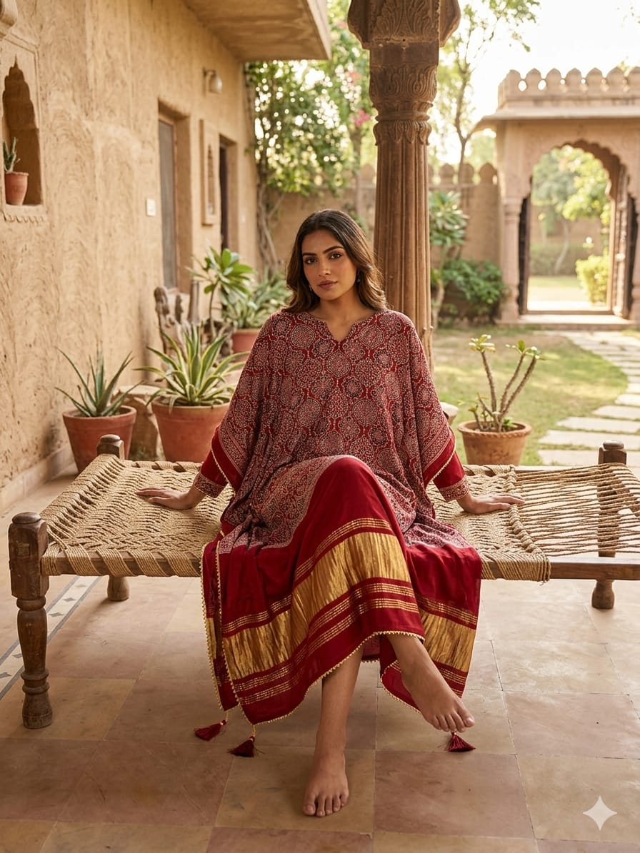 Maroon Pure Hend Block Print Gajji Silk Multi Color Ajrakh Printed Kaftan 