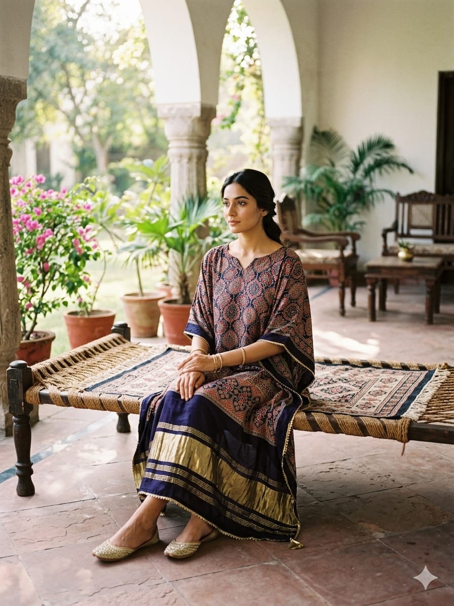 Navy Blue Pure Hend Block Print Gajji Silk Multi Color Ajrakh Printed Kaftan 
