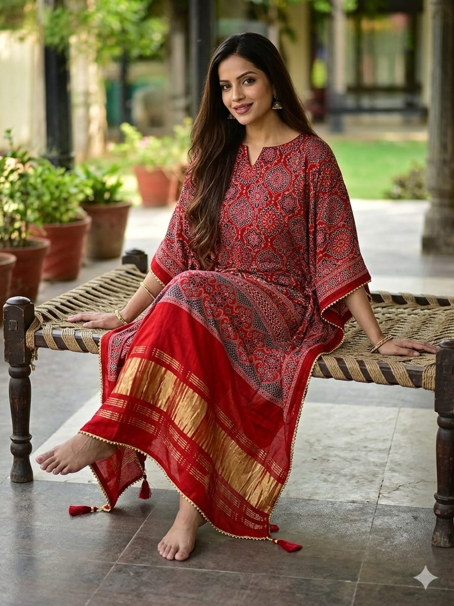 Red Pure Hend Block Print Gajji Silk Multi Color Ajrakh Printed Kaftan 