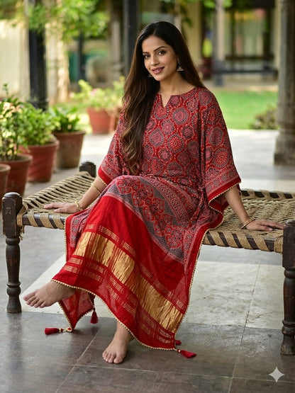 Red Pure Hend Block Print Gajji Silk Multi Color Ajrakh Printed Kaftan 