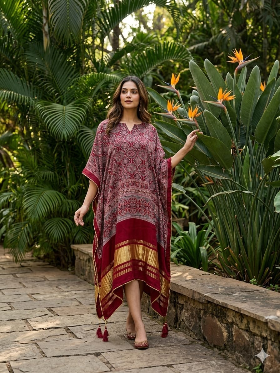 Maroon Pure Hend Block Print Gajji Silk Multi Color Ajrakh Printed Kaftan 