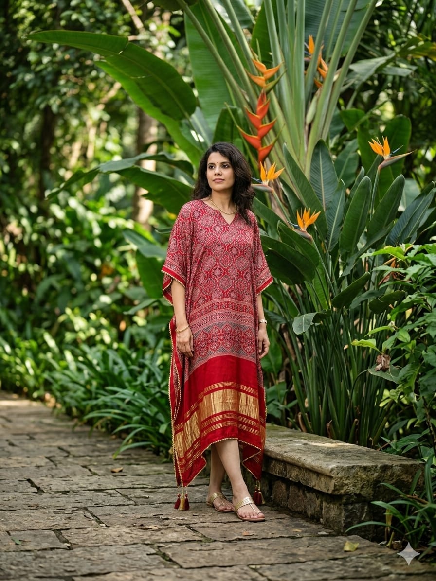 Red Pure Hend Block Print Gajji Silk Multi Color Ajrakh Printed Kaftan 