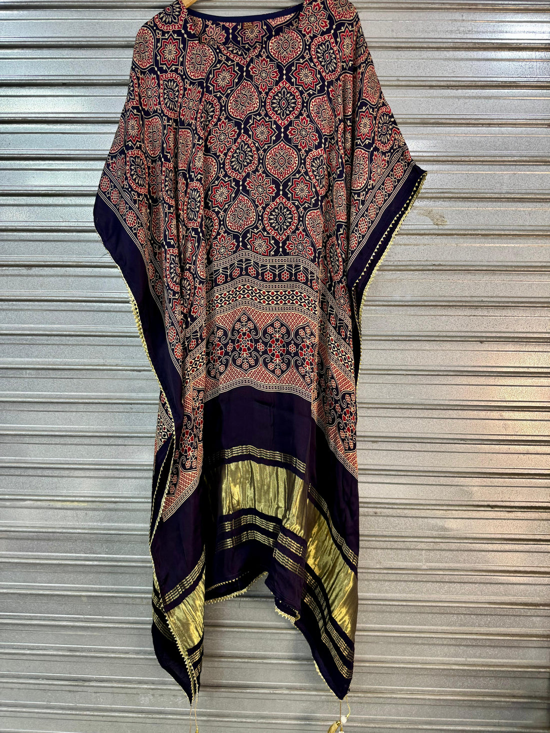 Black Pure Hend Block Print Gajji Silk Multi Color Ajrakh Printed Kaftan 