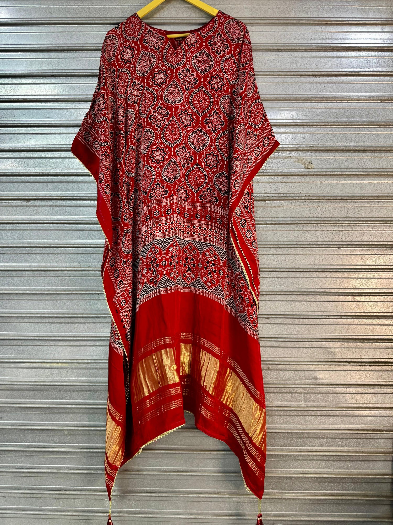 Red Pure Hend Block Print Gajji Silk Multi Color Ajrakh Printed Kaftan 
