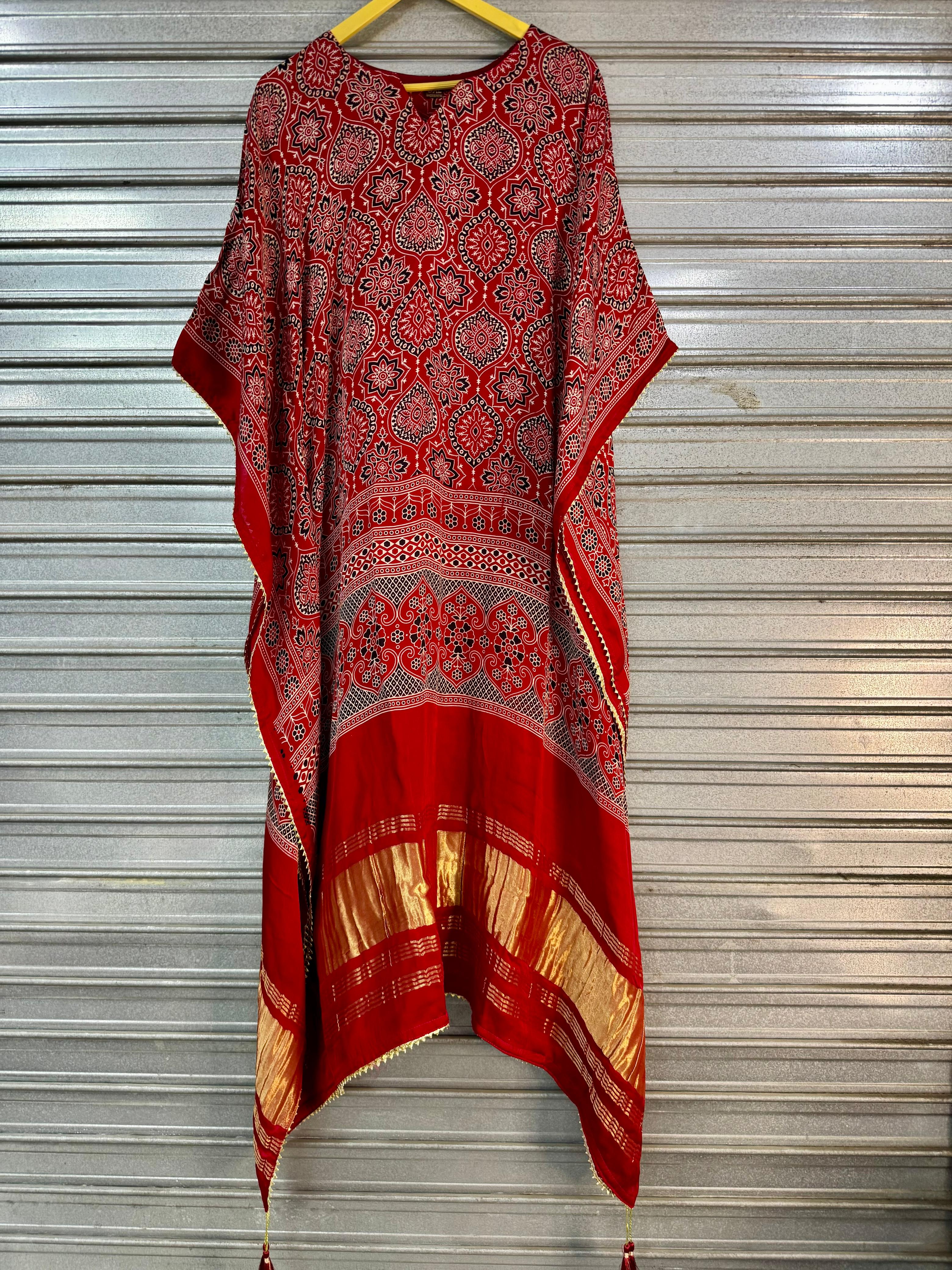 Red Pure Hend Block Print Gajji Silk Multi Color Ajrakh Printed Kaftan 