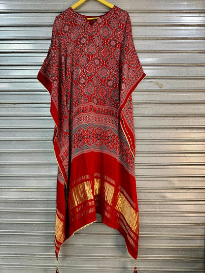 Red Pure Hend Block Print Gajji Silk Multi Color Ajrakh Printed Kaftan 