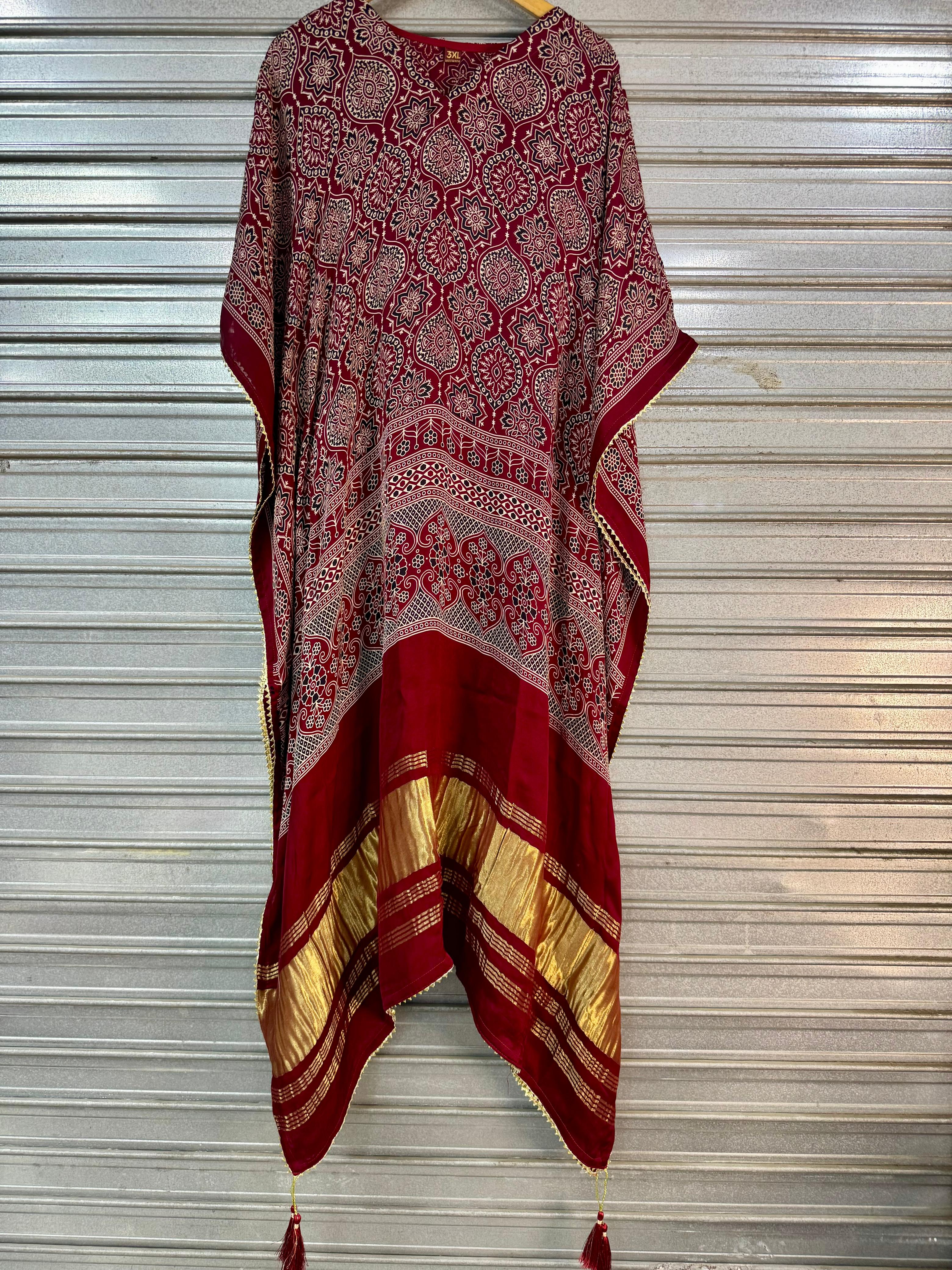 Maroon Pure Hend Block Print Gajji Silk Multi Color Ajrakh Printed Kaftan 