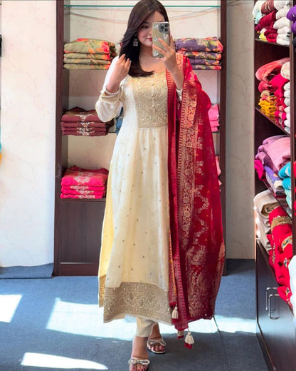 Cream Pure Banana Silk Anarkali Kurti Pant Dupatta Set 