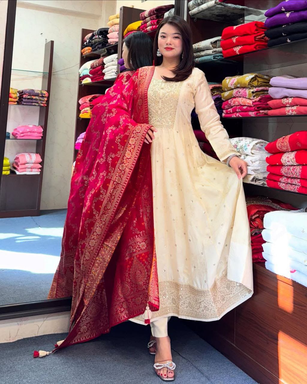 Cream Pure Banana Silk Anarkali Kurti Pant Dupatta Set 