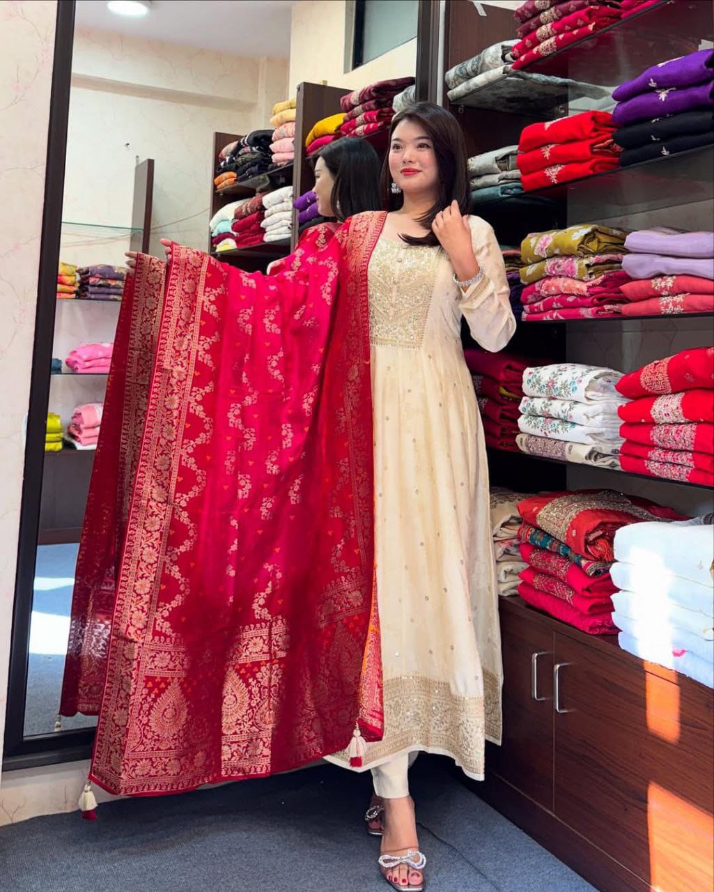 Cream Pure Banana Silk Anarkali Kurti Pant Dupatta Set 