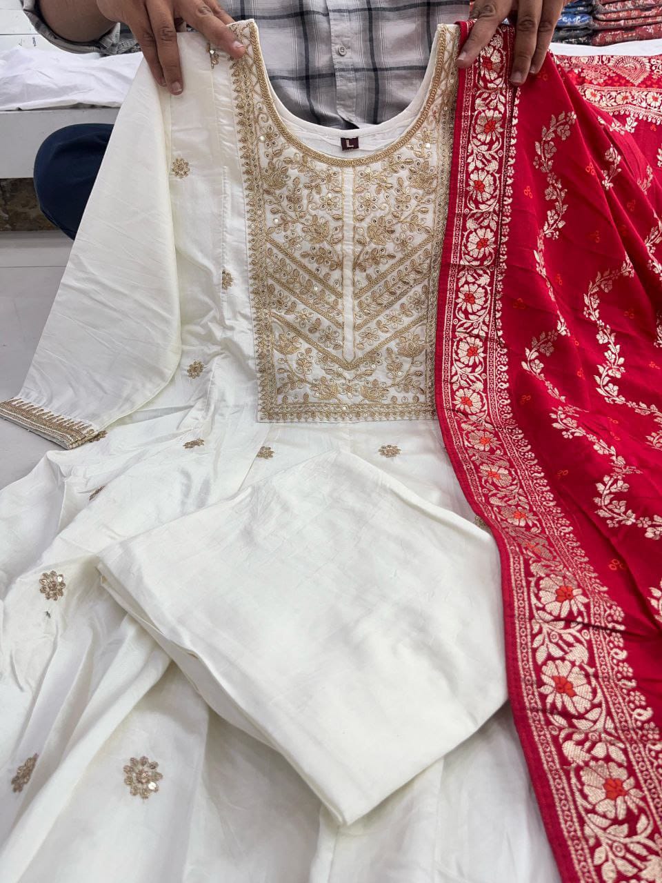 Cream Pure Banana Silk Anarkali Kurti Pant Dupatta Set 