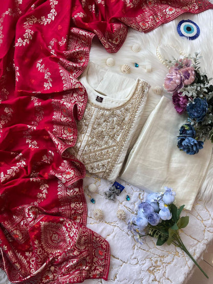 Cream Pure Banana Silk Anarkali Kurti Pant Dupatta Set 