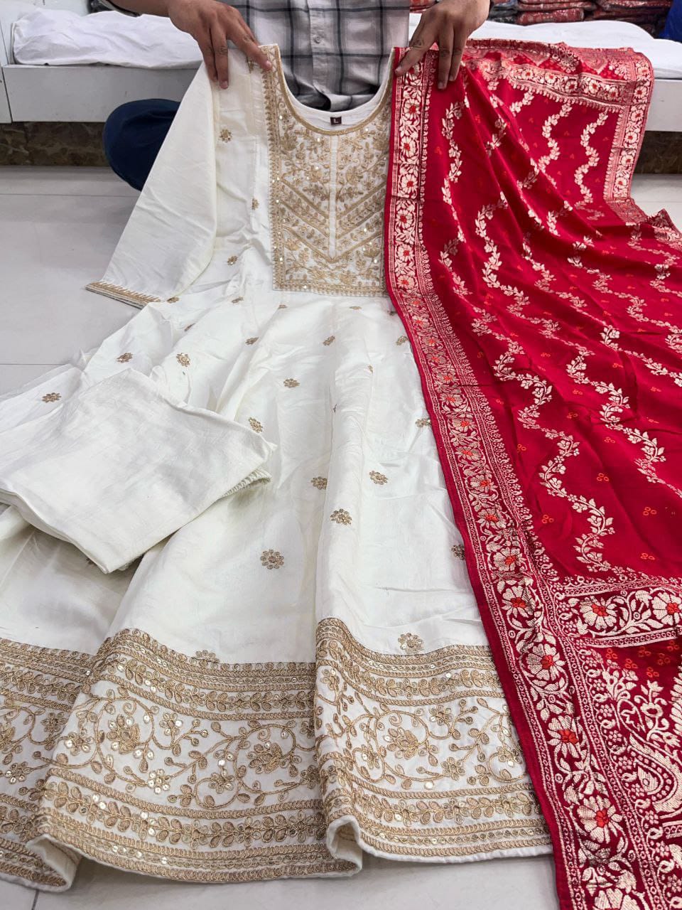 Cream Pure Banana Silk Anarkali Kurti Pant Dupatta Set 