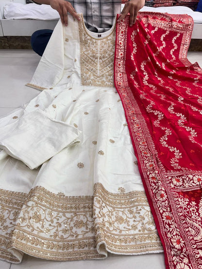 Cream Pure Banana Silk Anarkali Kurti Pant Dupatta Set 