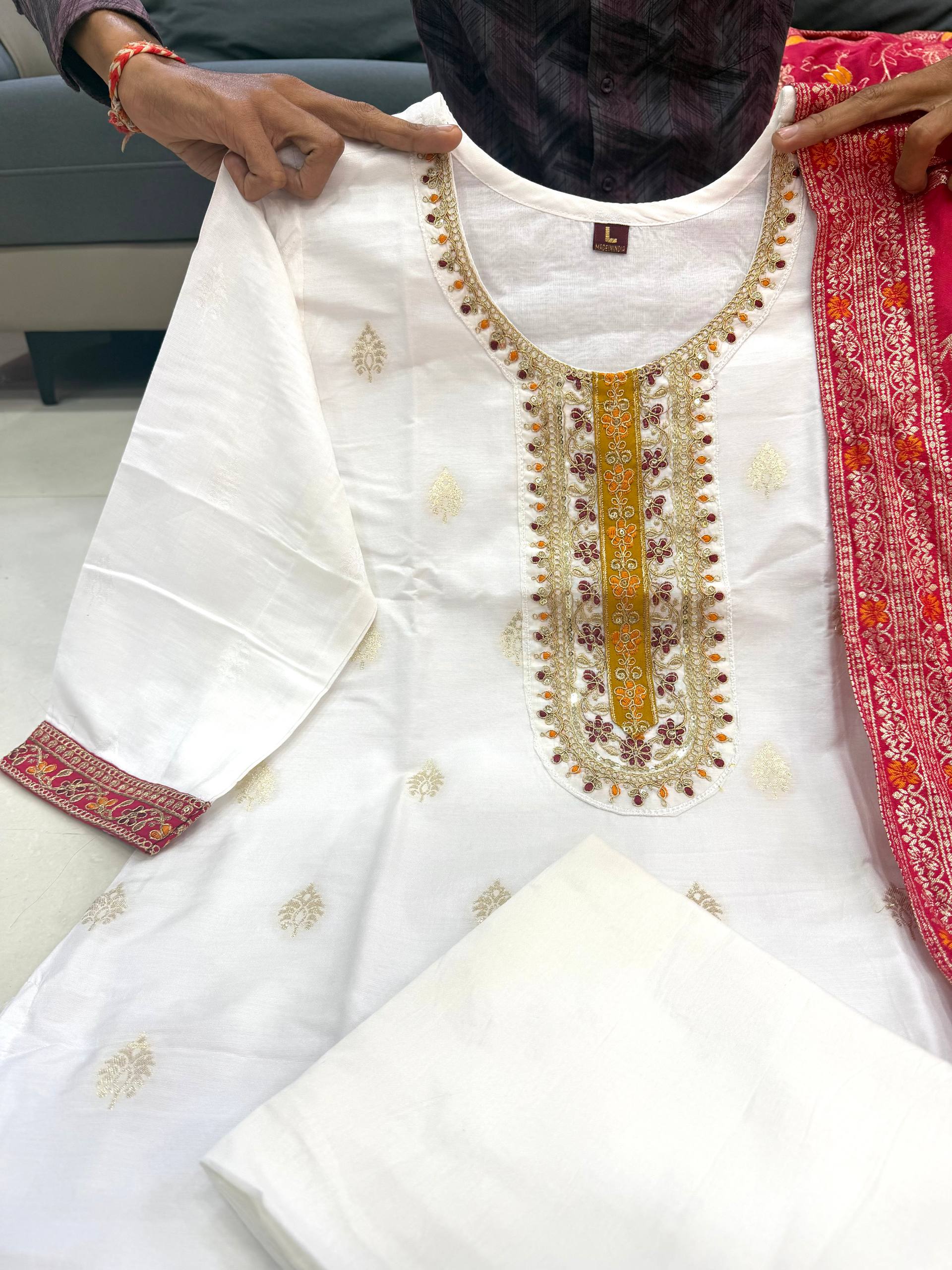 Cream Pure Kanjivaram Silks Anarkali Kurti Pant Dupatta Set 