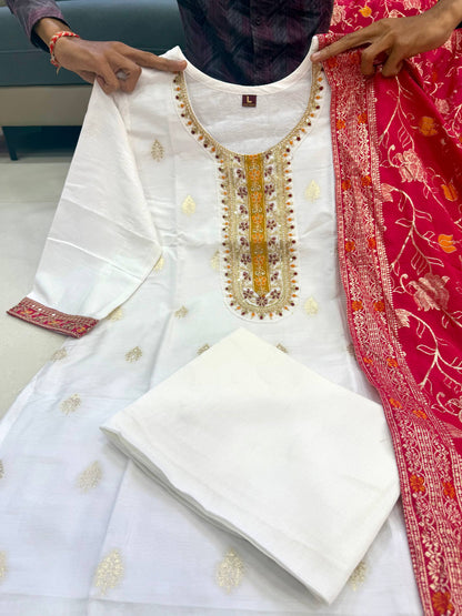 Cream Pure Kanjivaram Silks Anarkali Kurti Pant Dupatta Set 