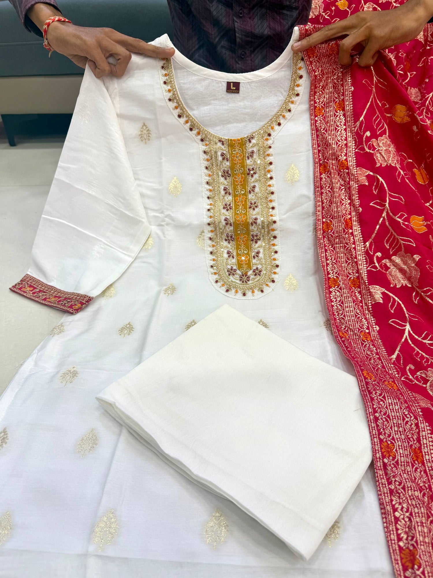 Cream Pure Kanjivaram Silks Anarkali Kurti Pant Dupatta Set 
