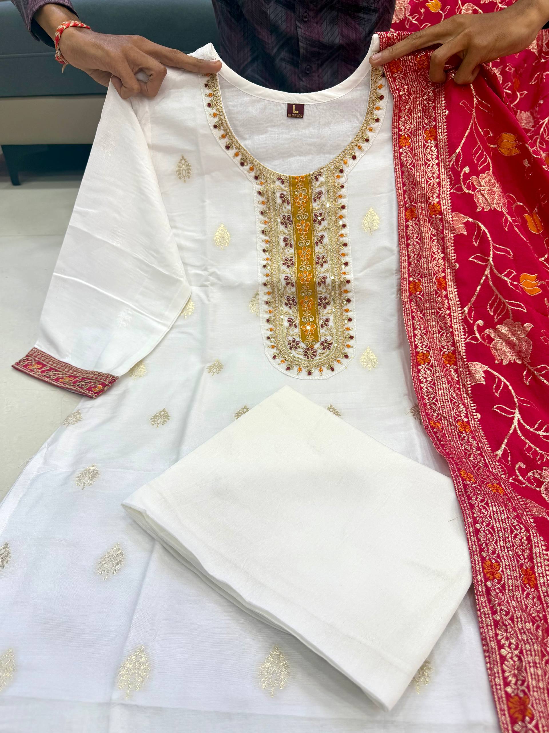 Cream Pure Kanjivaram Silks Anarkali Kurti Pant Dupatta Set 