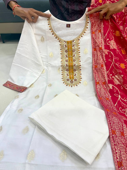Cream Pure Kanjivaram Silks Anarkali Kurti Pant Dupatta Set 