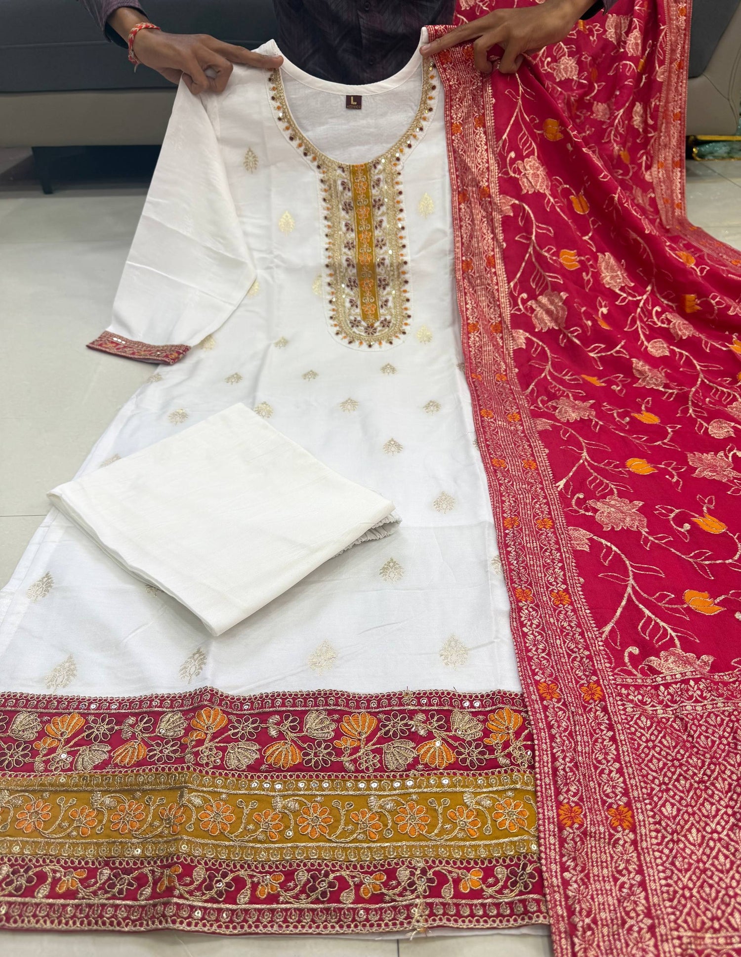 Cream Pure Kanjivaram Silks Anarkali Kurti Pant Dupatta Set 