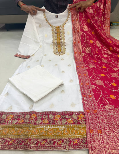Cream Pure Kanjivaram Silks Anarkali Kurti Pant Dupatta Set 