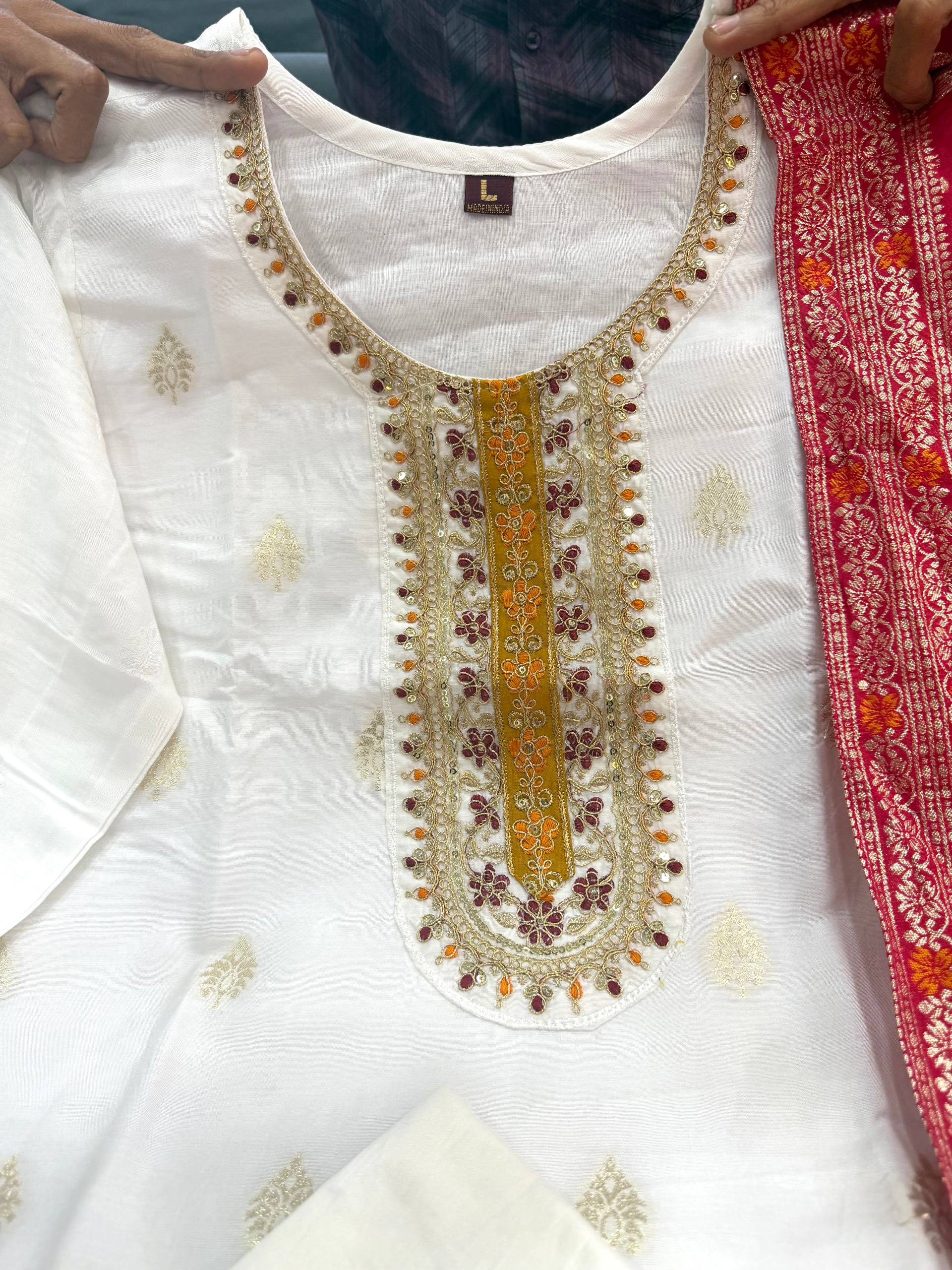Cream Pure Kanjivaram Silks Anarkali Kurti Pant Dupatta Set 