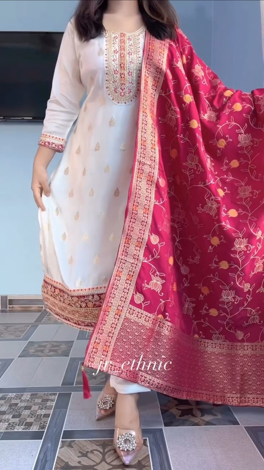 Cream Pure Kanjivaram Silks Anarkali Kurti Pant Dupatta Set 