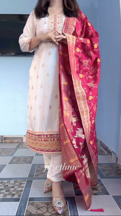 Cream Pure Kanjivaram Silks Anarkali Kurti Pant Dupatta Set 
