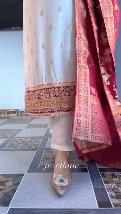 Cream Pure Kanjivaram Silks Anarkali Kurti Pant Dupatta Set 