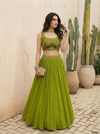 Green Pure Soft Heavy Georgette Silk Work Party Wear Readymade Lehenga Choli 