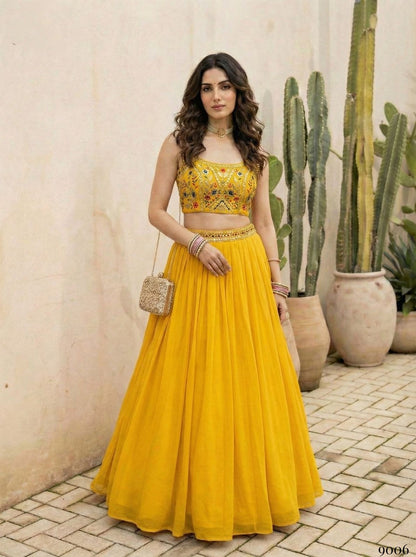 Yellow Pure Soft Heavy Georgette Silk Work Party Wear Readymade Lehenga Choli 