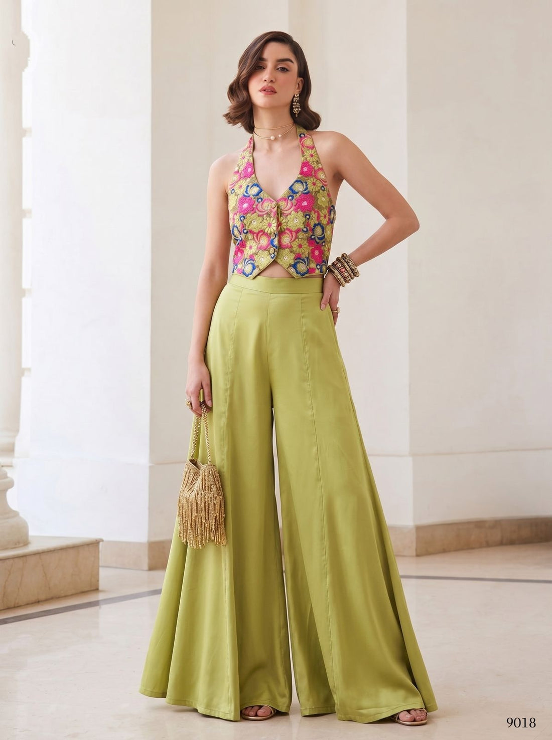 Green Pure Soft Silk Readymade Waistcoat &amp; Palazzo 