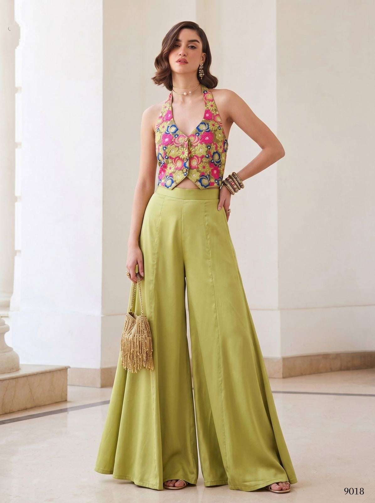 Green Pure Soft Silk Readymade Waistcoat &amp; Palazzo 