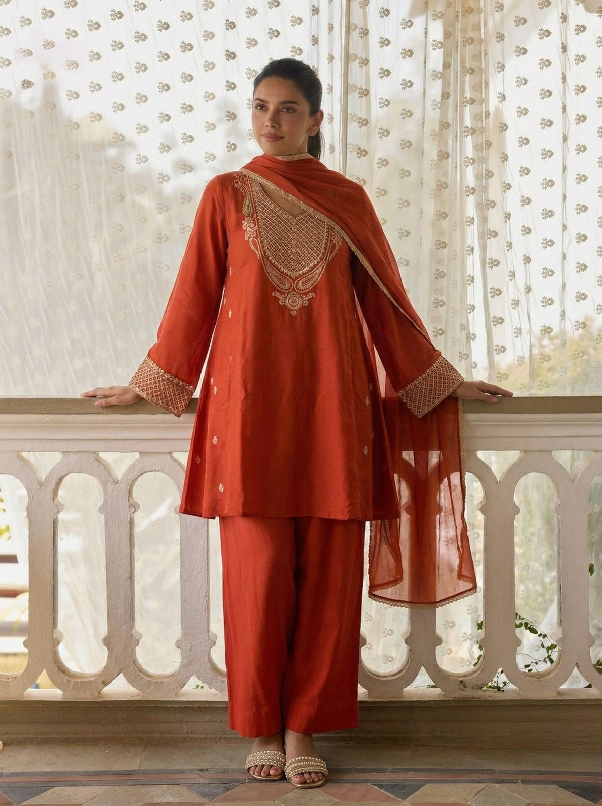 Rust Pure Soft Cotton Silk Pent Style Ankle Length Salwar Suit 
