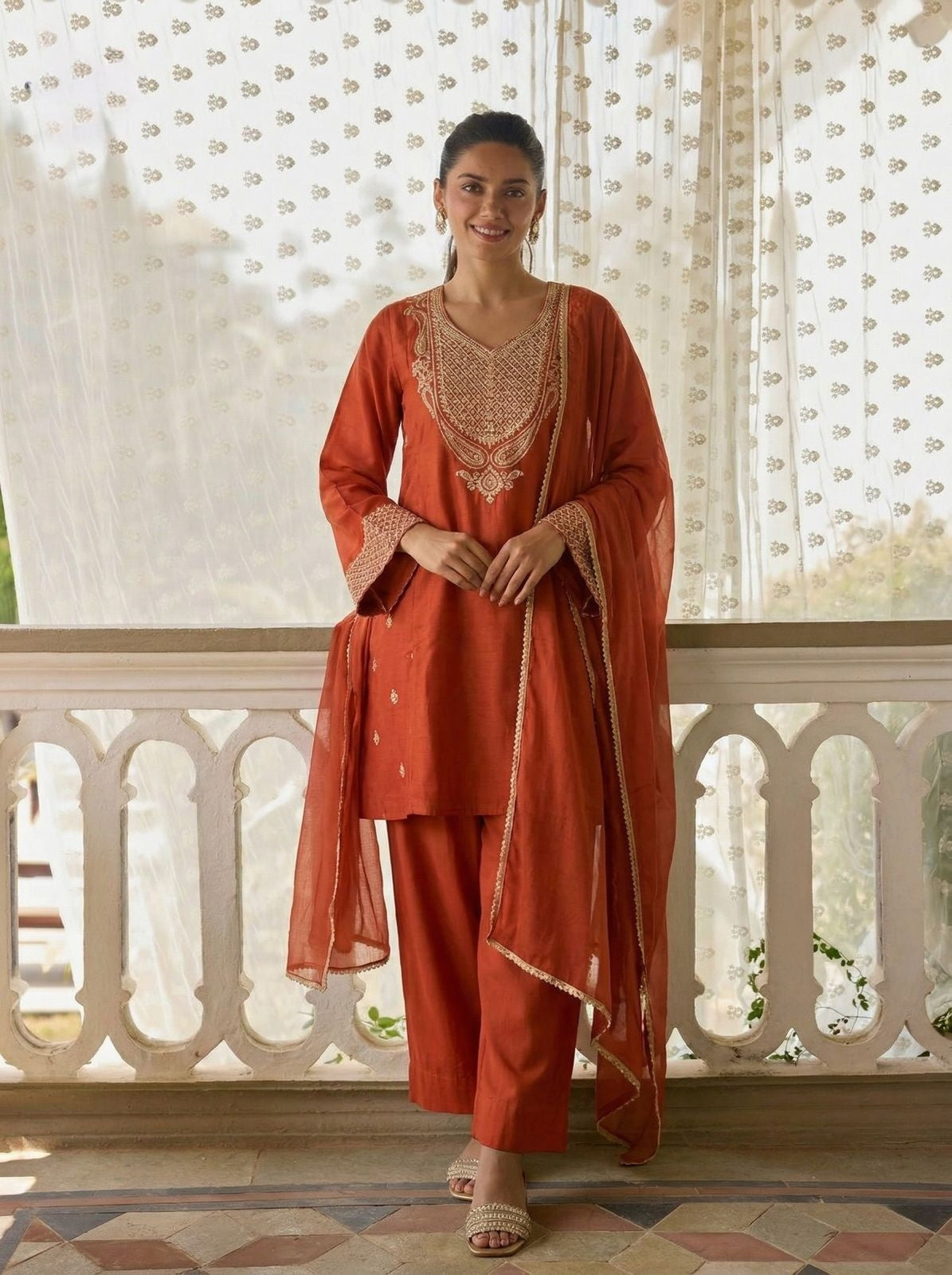 Rust Pure Soft Cotton Silk Pent Style Ankle Length Salwar Suit 