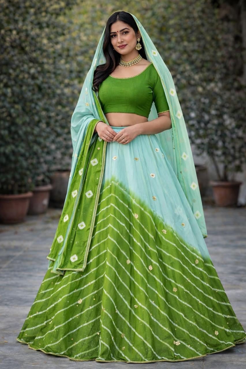 Green Pure Chinon Lehariya Chunni Rajasthani Chaniya Choli 