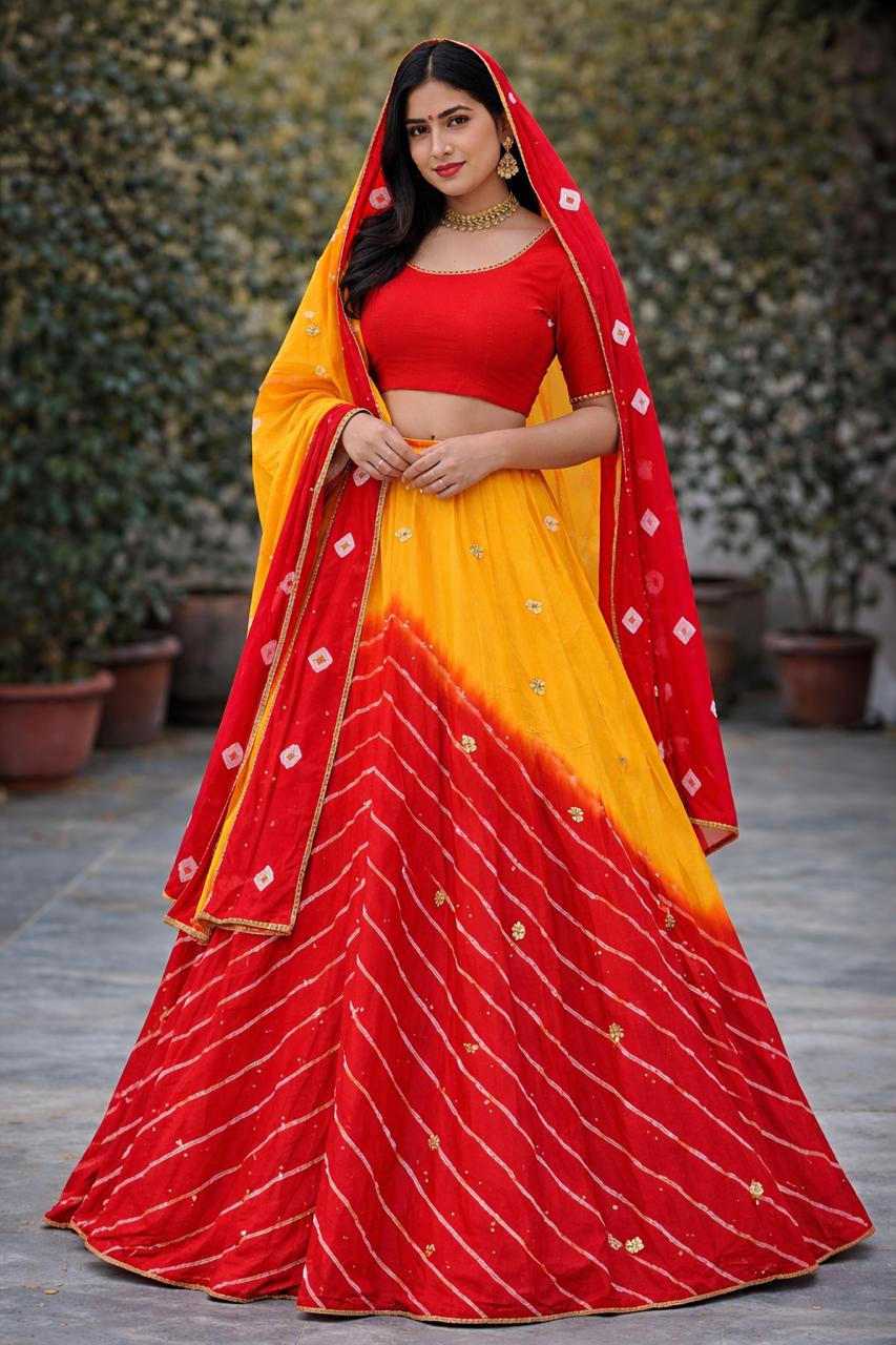 Red Pure Chinon Lehariya Chunni Rajasthani Chaniya Choli 