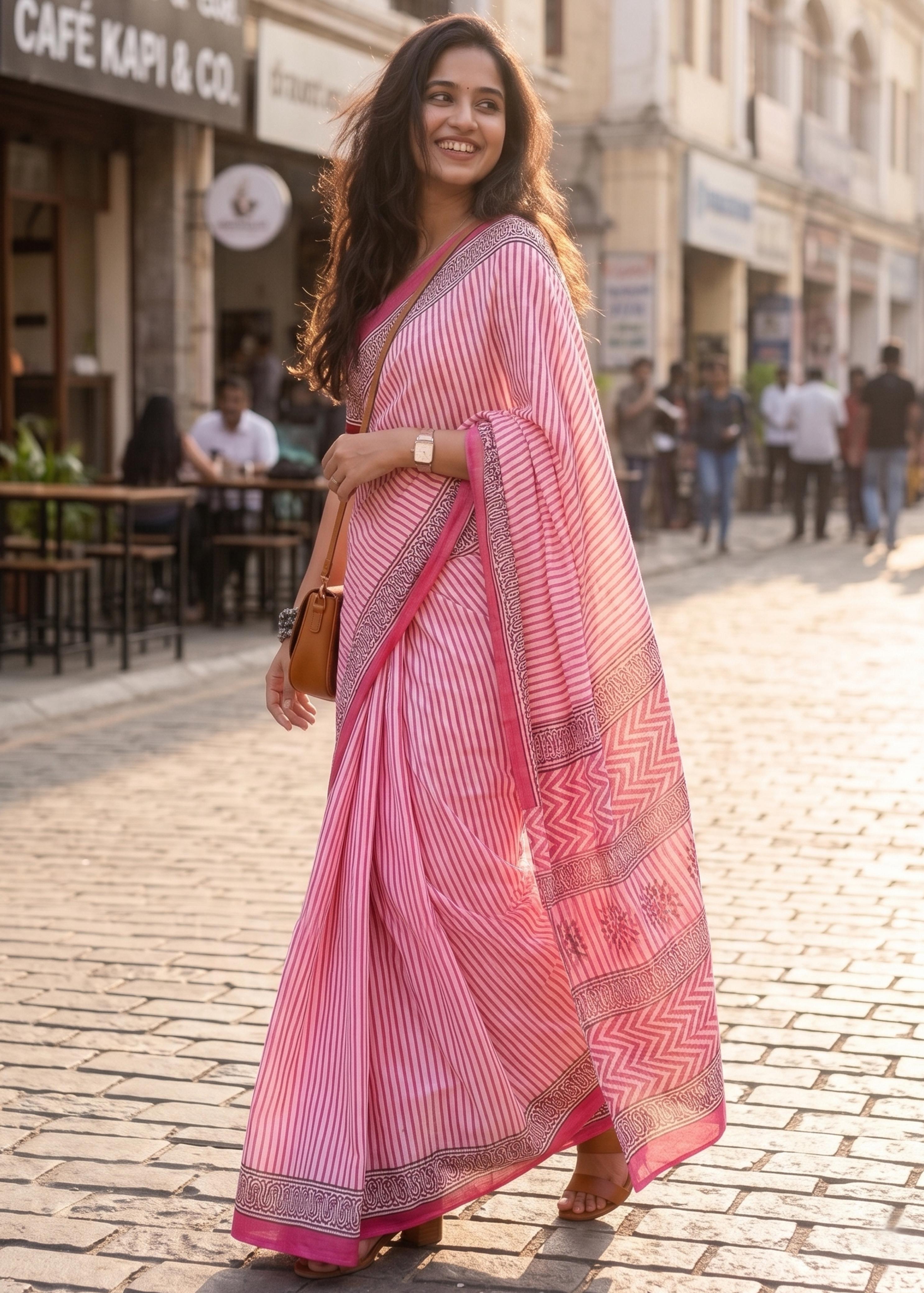 Pink Soft Pure Cotton Bagru Printed Cotton Saree 