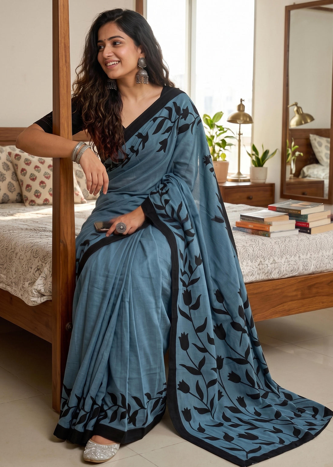 Grey Soft Pure Cotton Hand Block Print Cotton Saree 