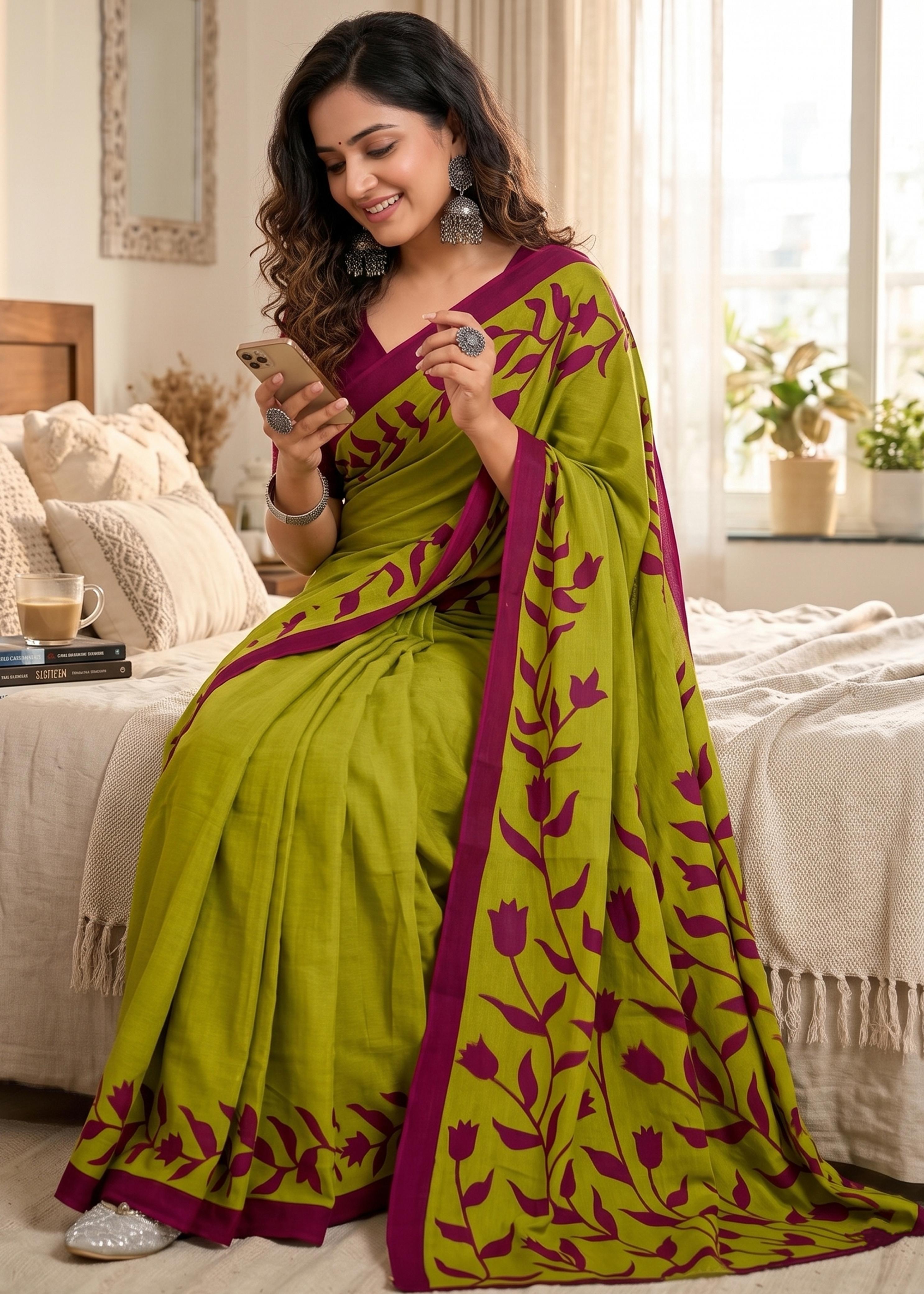 Green Soft Pure Cotton Hand Block Print Cotton Saree 