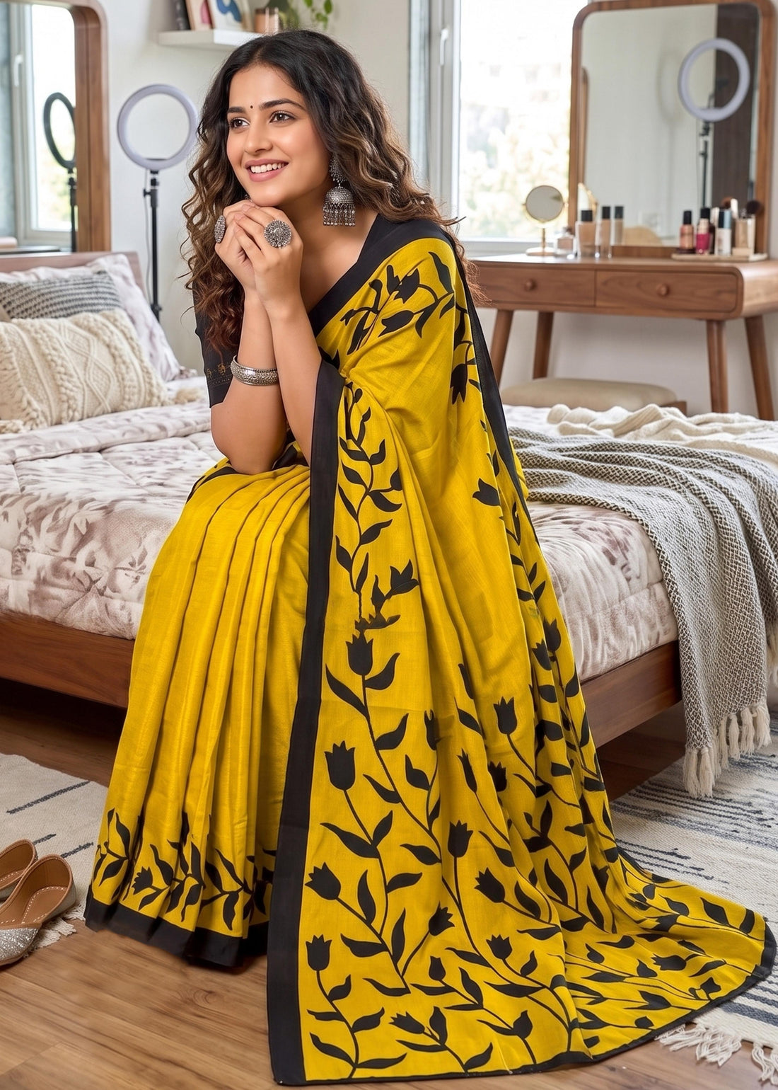 Yellow Soft Pure Cotton Hand Block Print Cotton Saree 