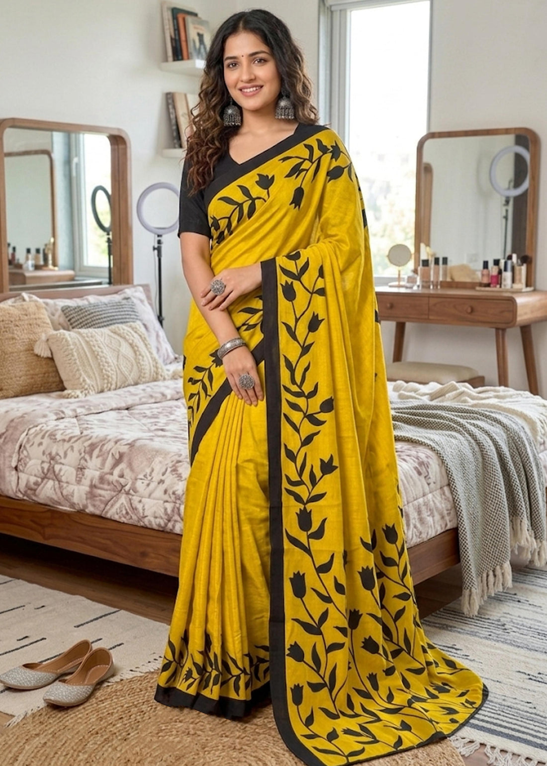 Yellow Soft Pure Cotton Hand Block Print Cotton Saree 