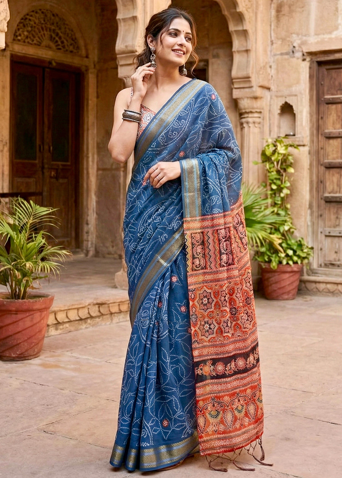 Blue Soft Pure Cotton with Golden Weaving Cotton Saree 